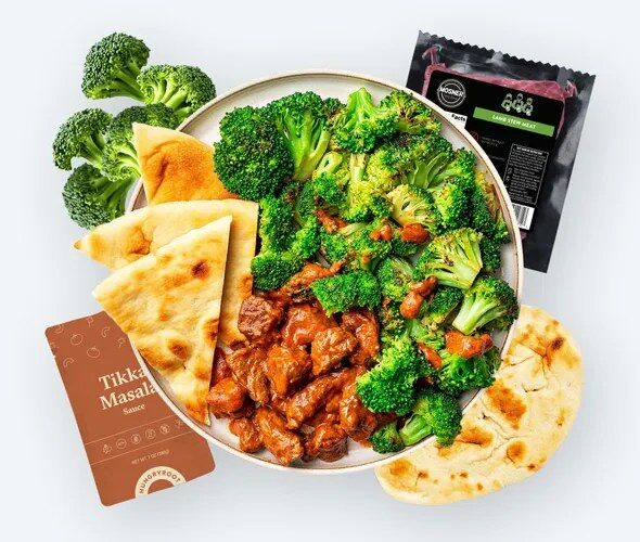 Hungryroot chicken bowl with broccoli and naan