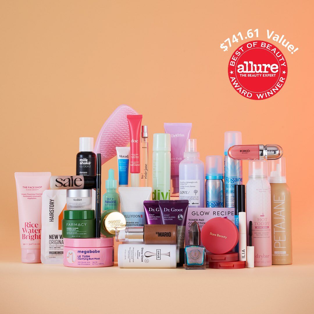 The 30 products of the Allure Best of Beauty Box 2026, including Rare Beauty, Farmacy, Rogaine and Glow Recipe, on an orange background with a $741.61 value badge