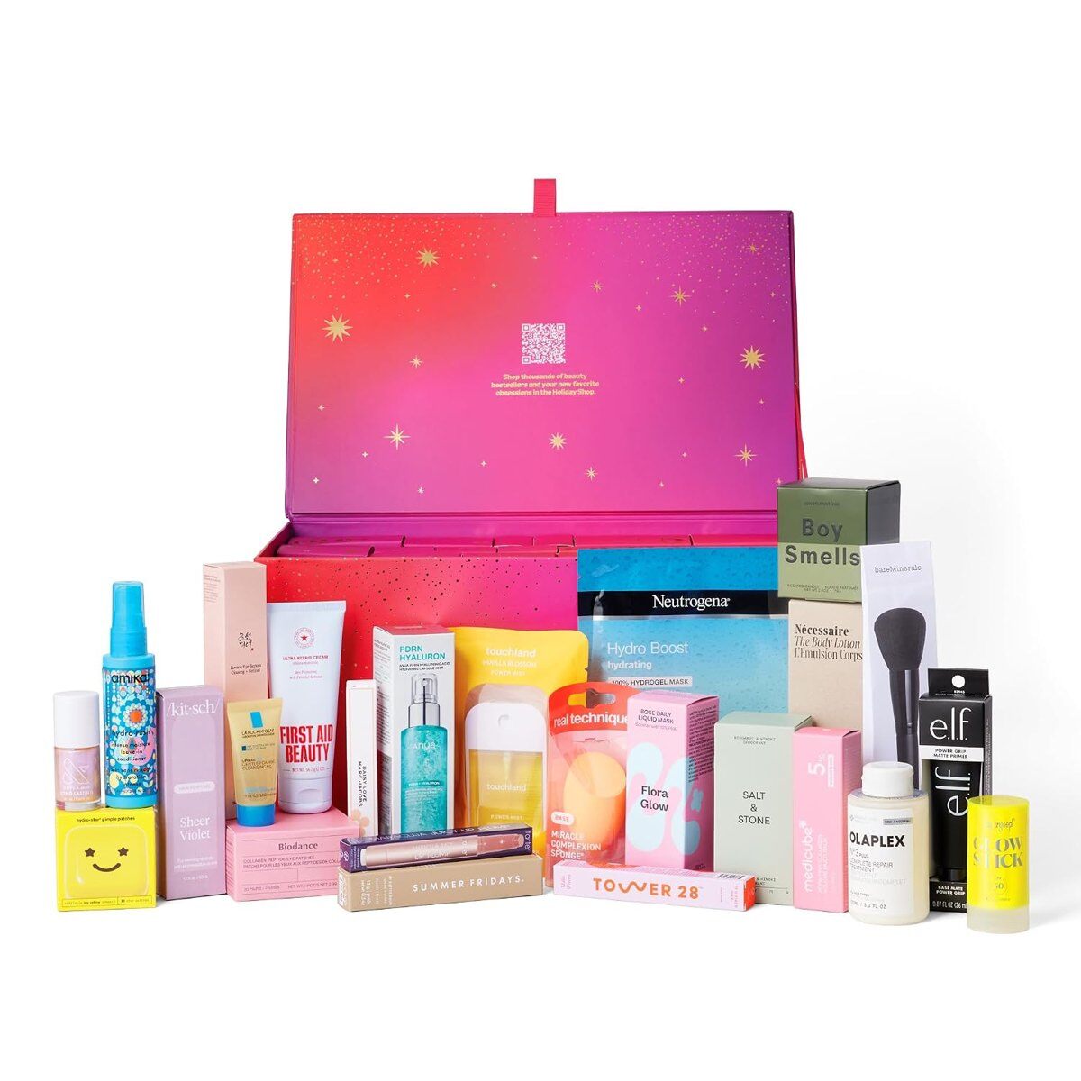 The Amazon Beauty Advent Calendar 2026, a pink and orange starry box, open behind its 25 products from Olaplex, Neutrogena, Touchland and e.l.f.