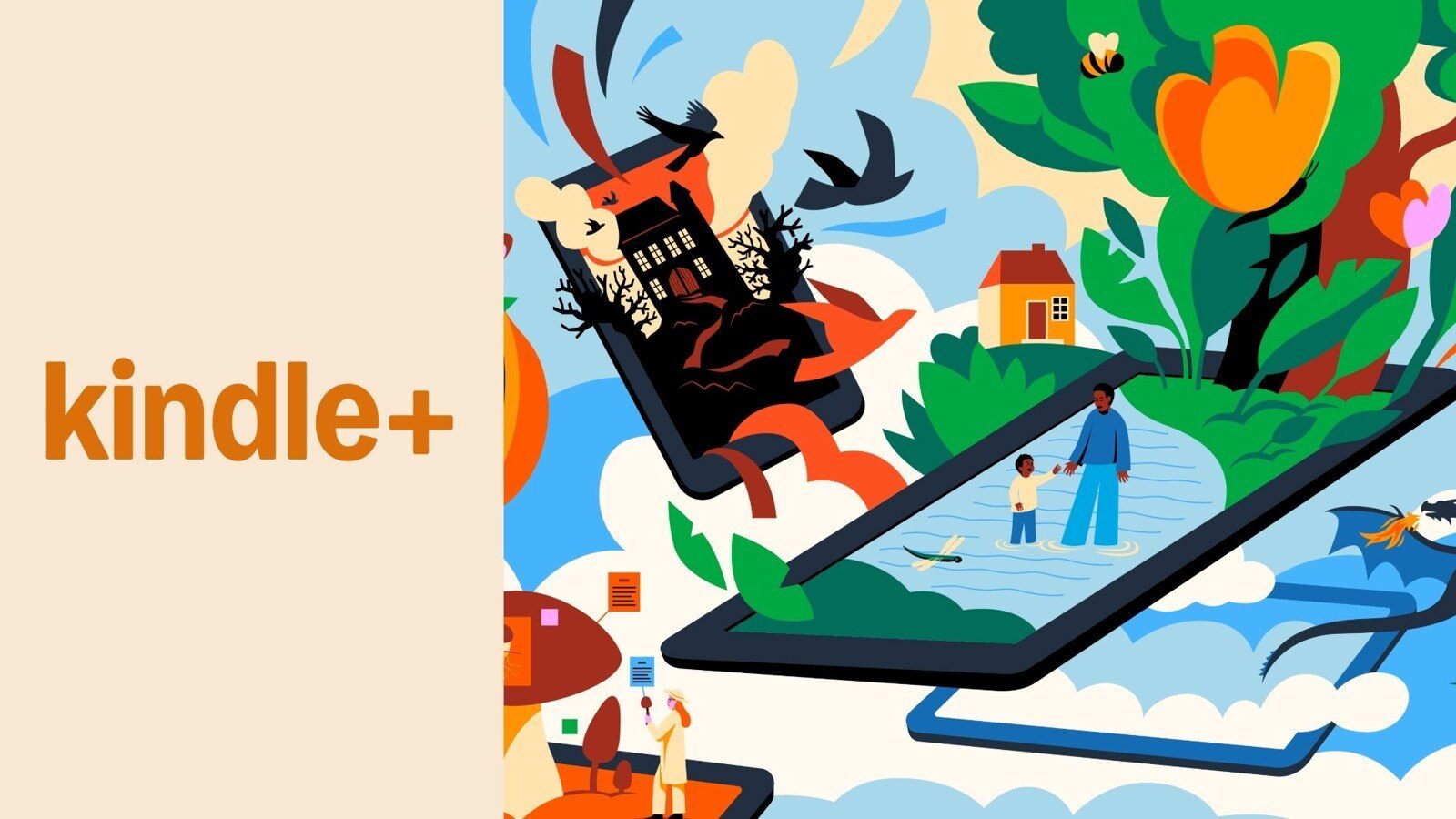 Amazon Kindle+ logo with an illustration of readers and tablets