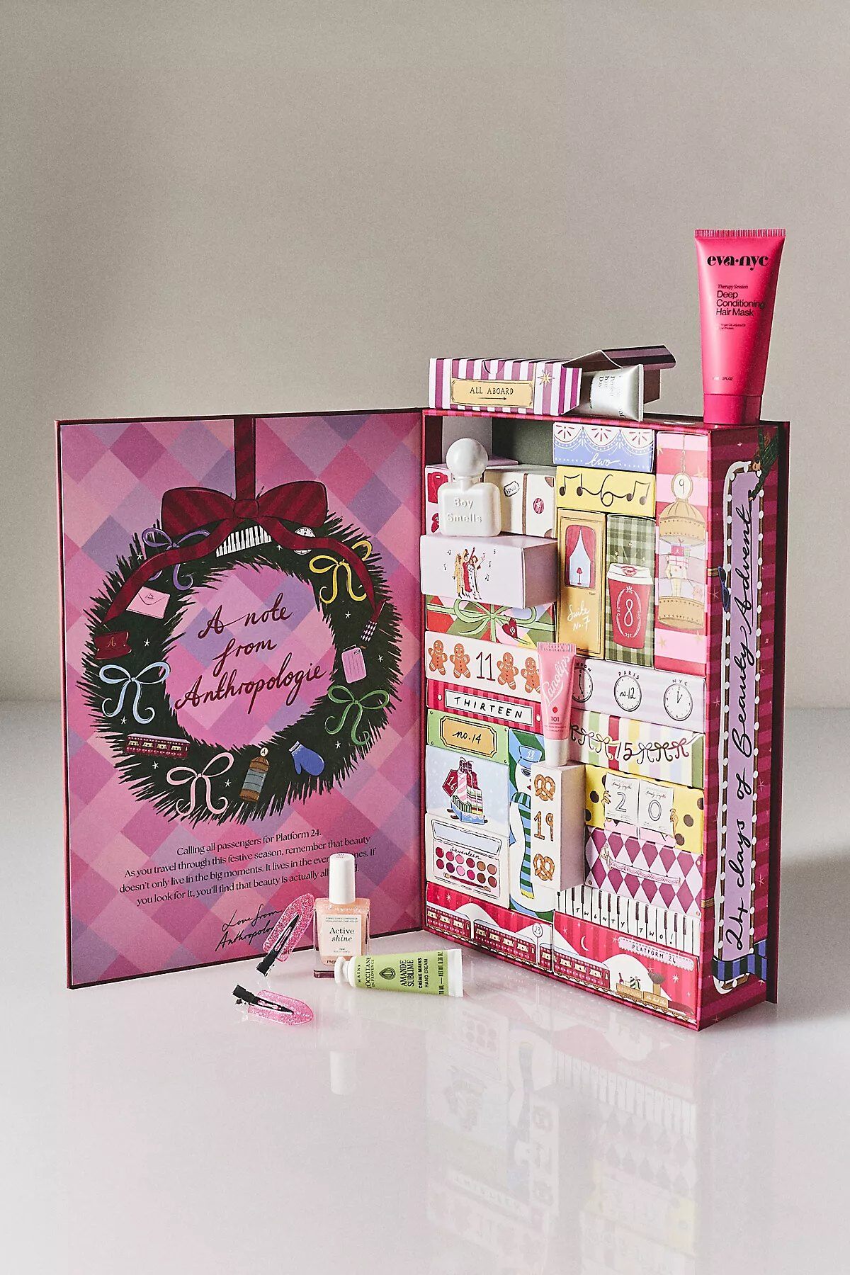 Open Anthropologie 24 Days of Beauty Advent Calendar 2026 showing its numbered boxes and a few products