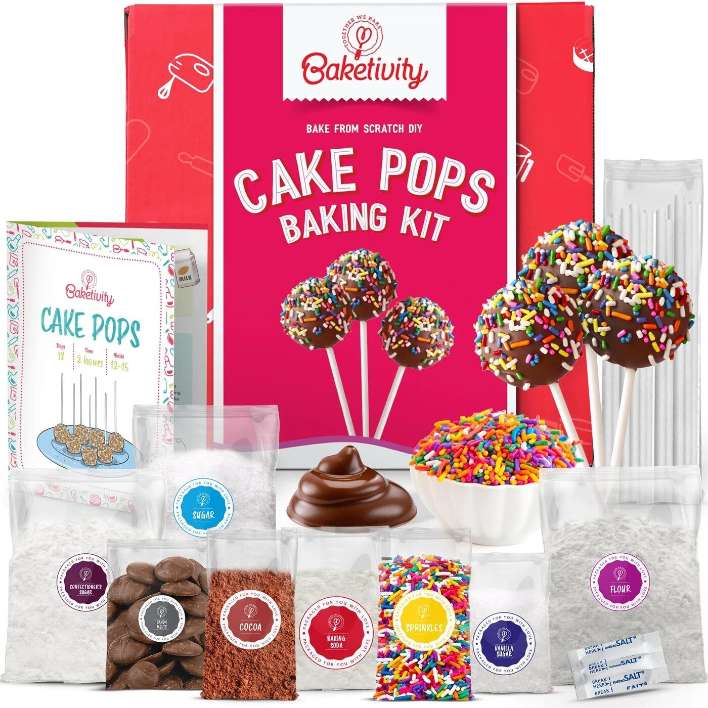 Baketivity Cake Pops baking kit with ingredient packets and recipe guide