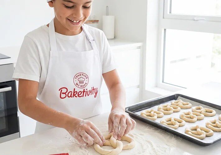 Boy in a Baketivity apron shaping pretzels next to a baking tray