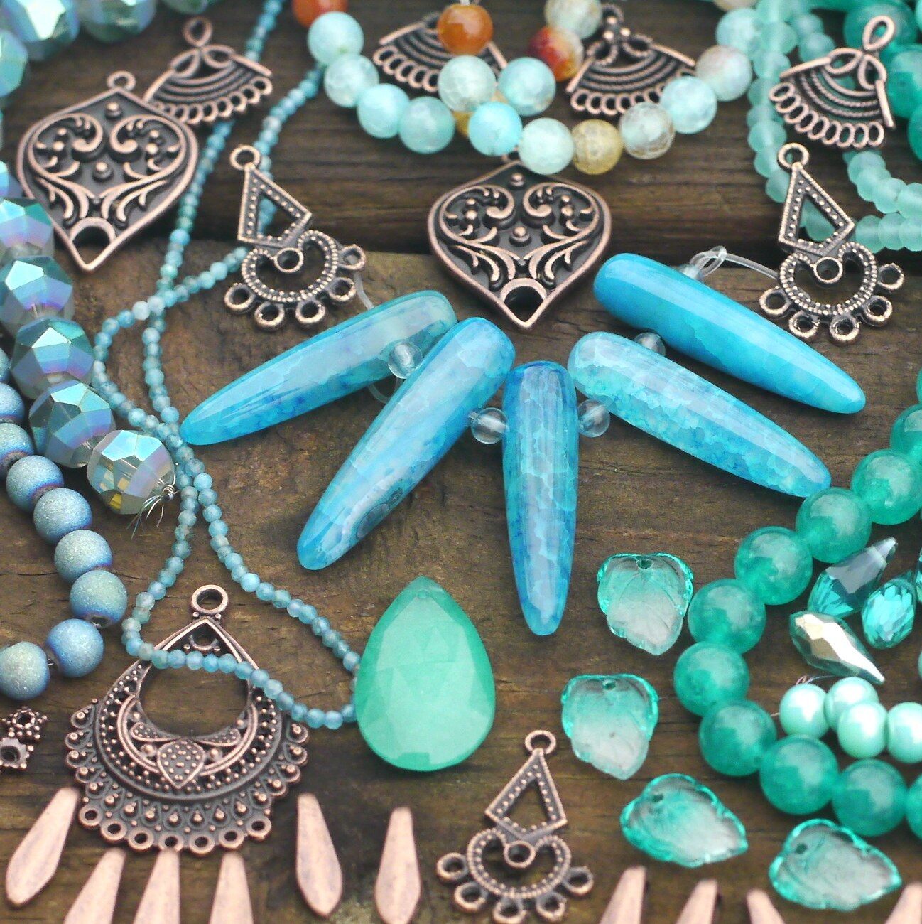 Turquoise beads and silver pendants from a Bargain Bead Box