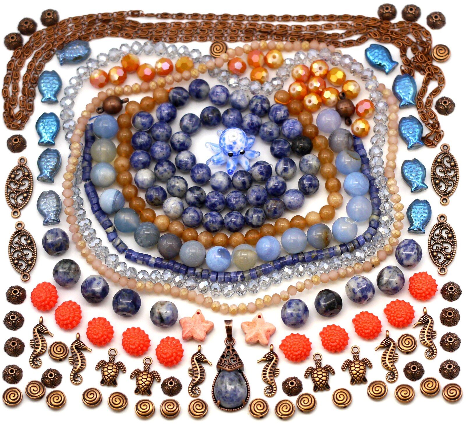 Blue and brown bead strands arranged in a circle