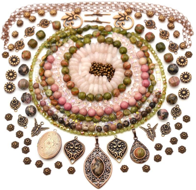 Pink and bronze bead strands with pendants