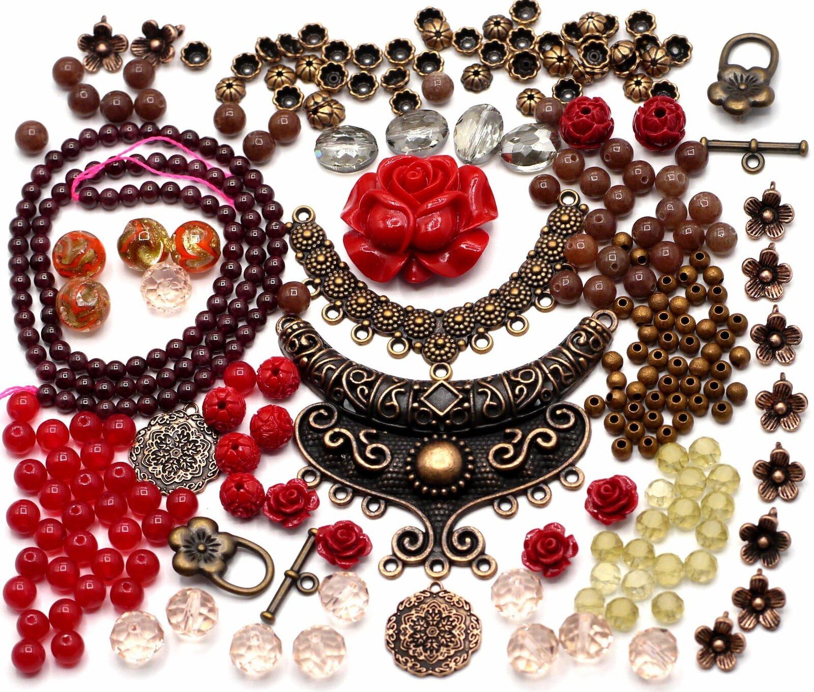 Red and brown beads with antique brass findings