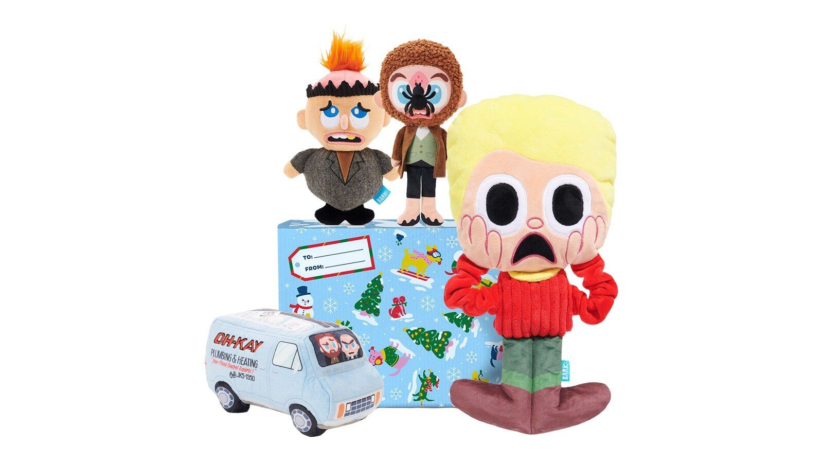 BARK Home Alone plush dog toy holiday gift box with Kevin, Harry, Marv and van toys