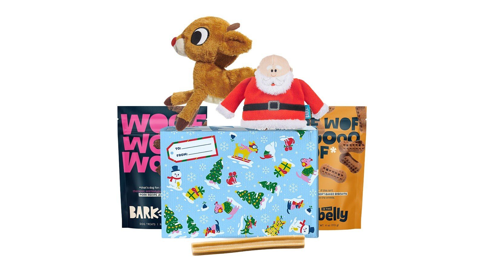 BarkBox Rudolph holiday gift box with Runnin' Rudolph and Kris Kringle dog toys, treats and a dental chew
