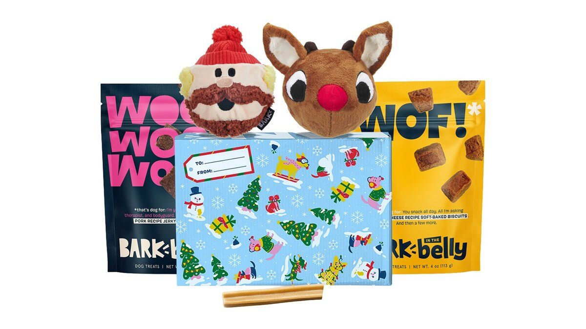 BarkBox Rudolph Super Chewer holiday gift box with Yukon Cornelius and Rudolph toys