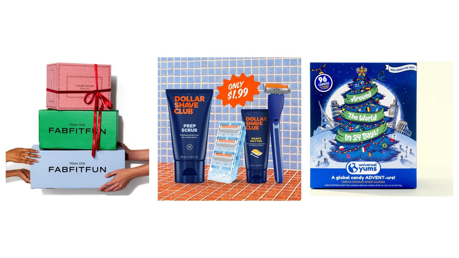 FabFitFun Winter 2026 boxes, Dollar Shave Club Trusty set and Universal Yums advent calendar