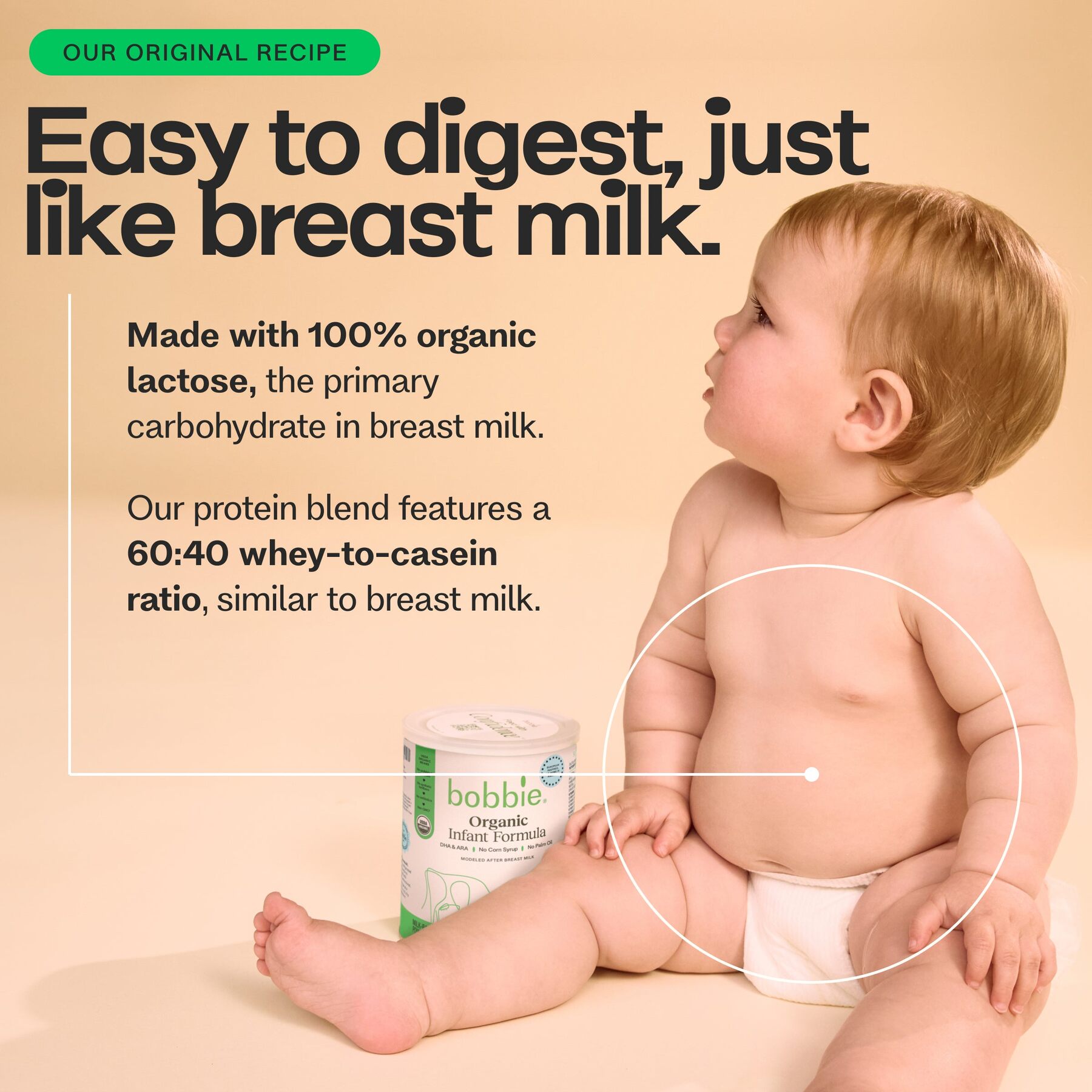 Baby with Bobbie formula and easy-to-digest message