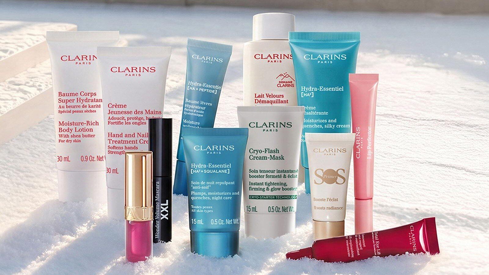 Clarins 12 Day Advent Calendar 2026 in a snowy holiday scene