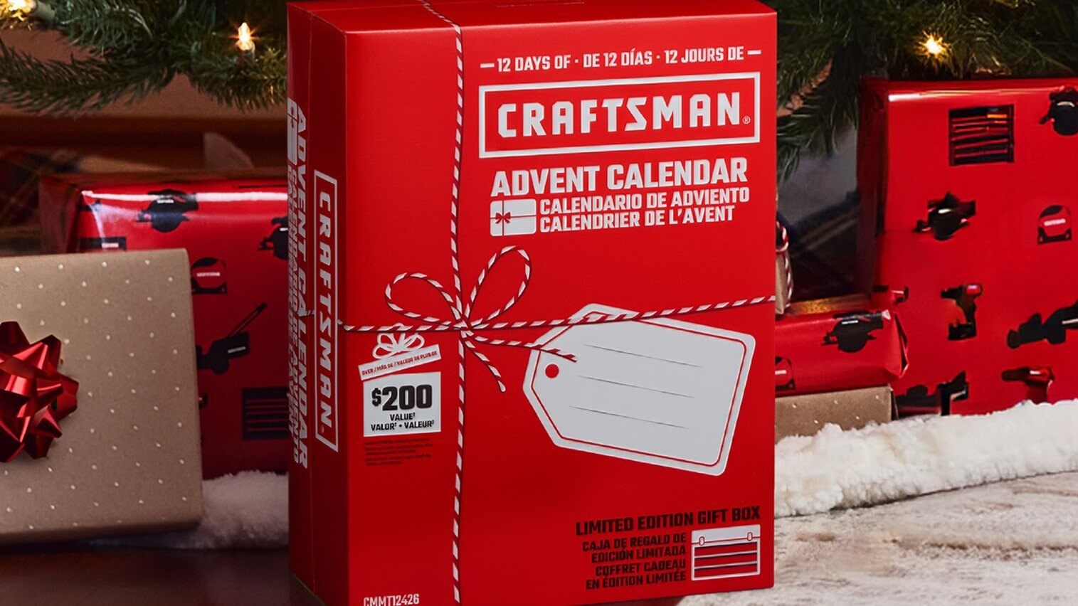 12 Days of CRAFTSMAN Advent Calendar box under a Christmas tree with wrapped gifts