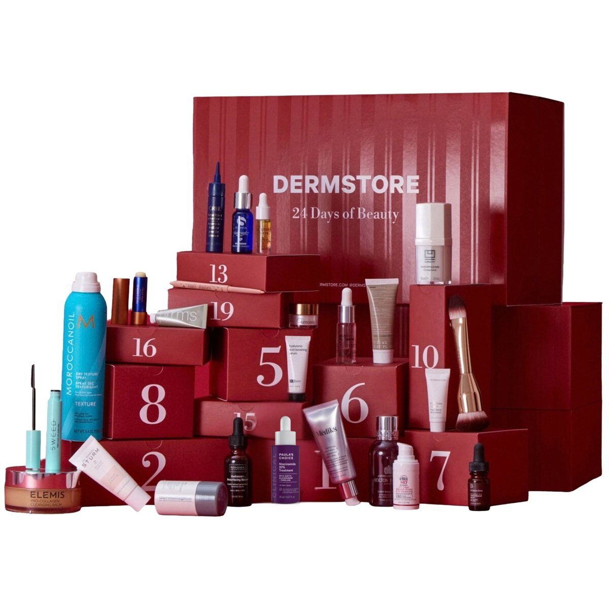 The Best of Dermstore 24 Days of Beauty Advent Calendar 2026, a burgundy box with numbered drawers, surrounded by products from ELEMIS, Moroccanoil, Medik8 and Paula's Choice