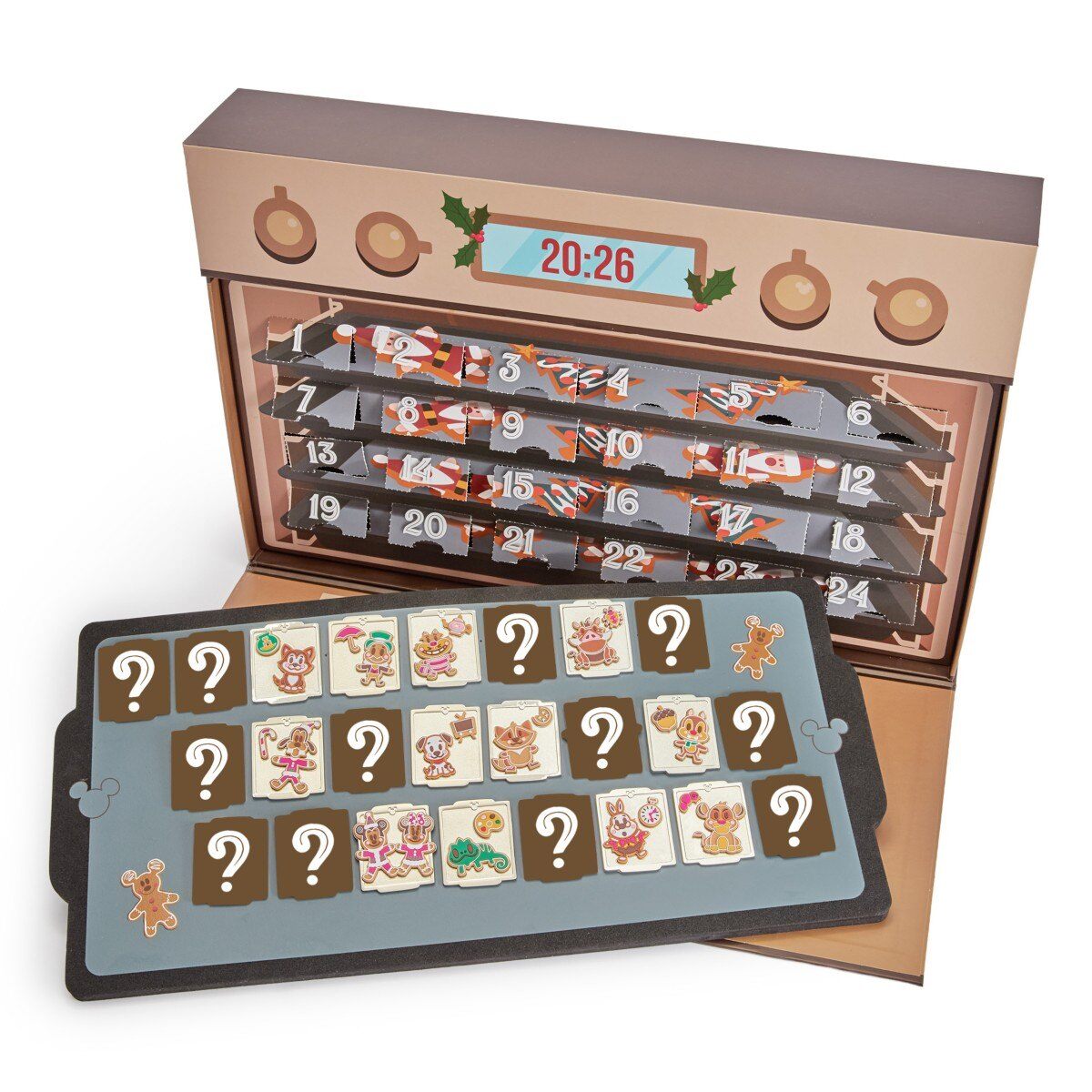 The Disney Christmas Cookies 24-Day Advent Calendar Mystery Pin Set 2026, an oven-shaped box with a cookie tray pin board