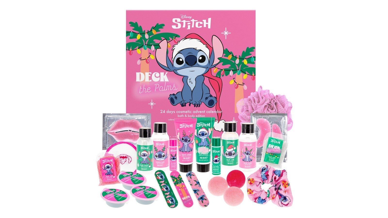 Stitch Mad Beauty 24 Days Cosmetic Advent Calendar with its bath and body contents