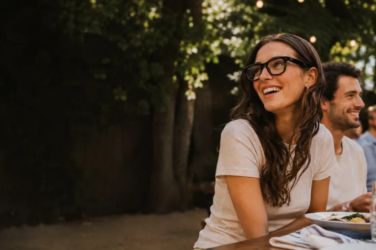 Couple laughing over a meal outdoors, Factor ready-made meals lifestyle
