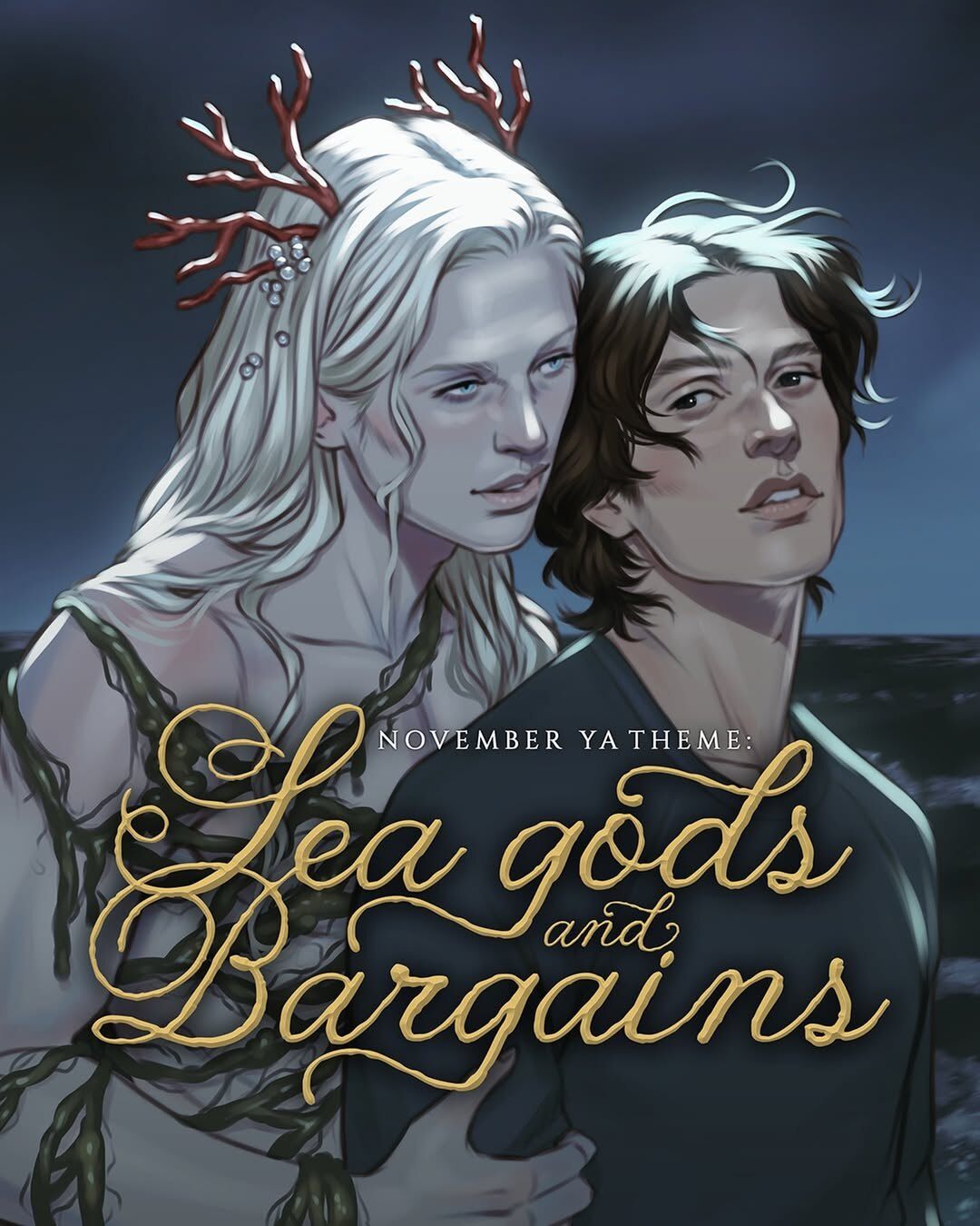 Fae Crate November 2026 YA theme artwork Sea Gods and Bargains with a pale sea god and a dark haired boy