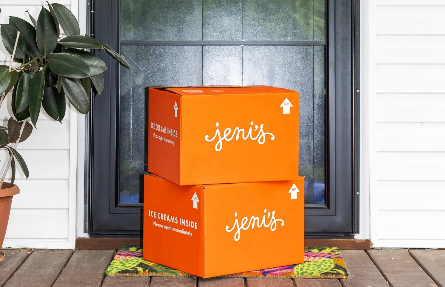 Jeni’s ice cream delivery boxes on a doorstep