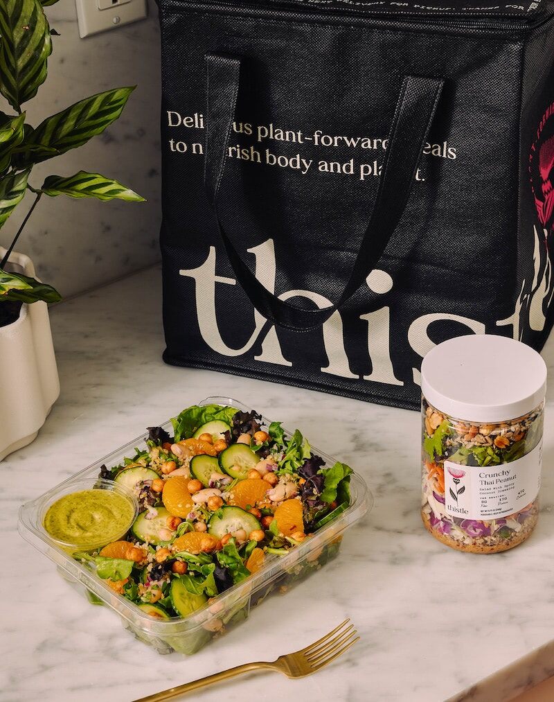 Thistle prepared meal and salad beside a delivery bag