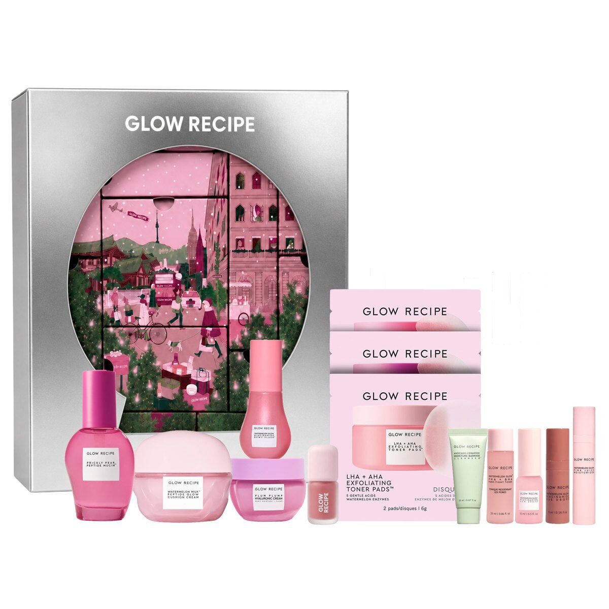 The Glow Recipe 12 Days of Glow advent calendar with its pink and green products