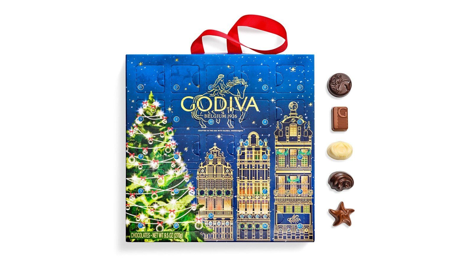 Godiva 2026 Holiday Chocolate Advent Calendar with its Winter in the City design and chocolates