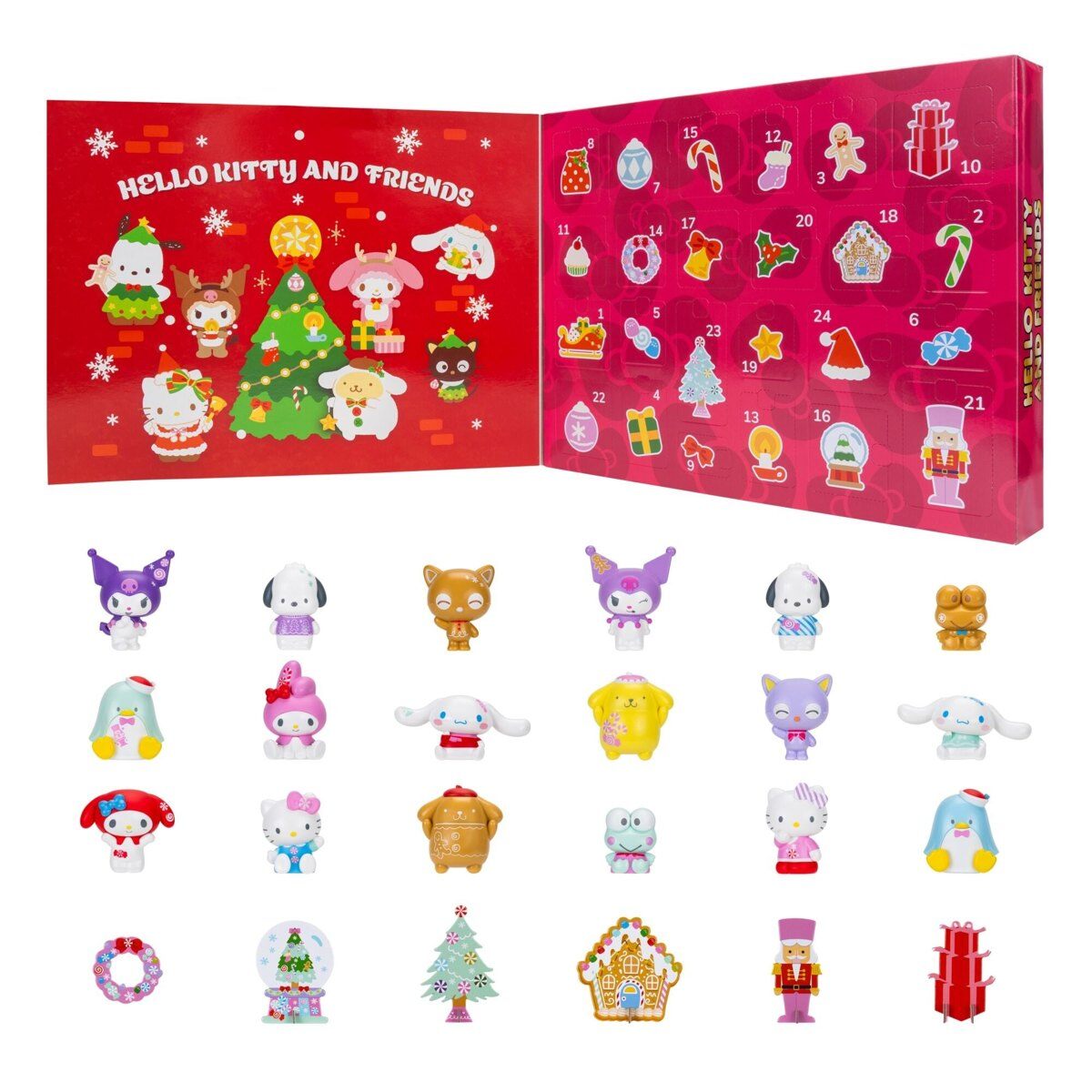 Contents of the Hello Kitty and Friends advent calendar with figures and decorations