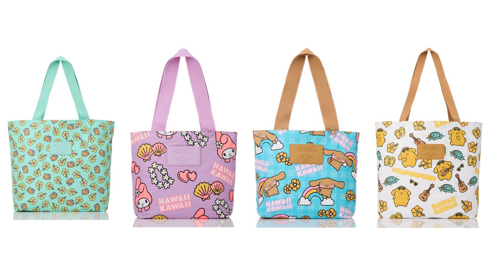 Hello Kitty, My Melody, Cinnamoroll and Pompompurin x Aloha Collection tote bags