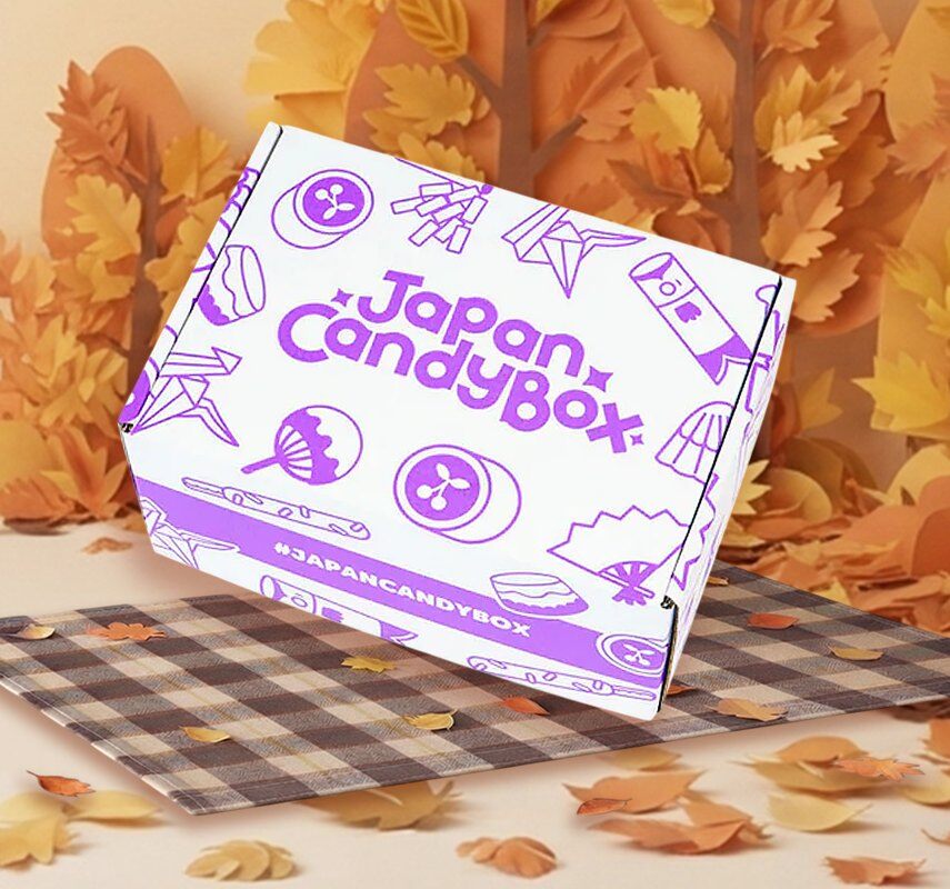 Japan Candy Box on a plaid picnic blanket surrounded by autumn leaves