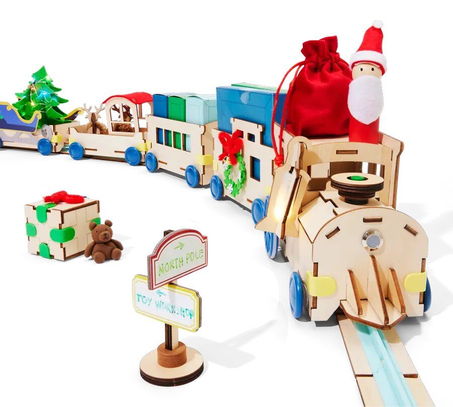 KiwiCo Motorized Christmas Train built from the Advent calendar with gift cargo and Santa