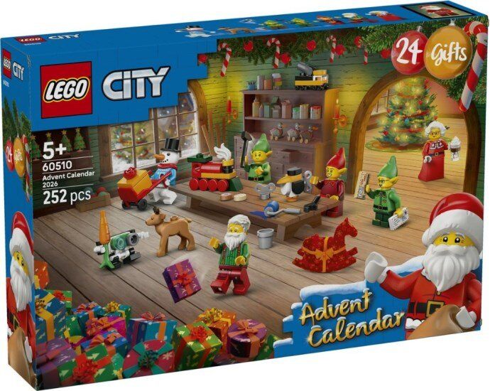 The box of the LEGO City Advent Calendar 2026 (60510), showing Santa, Mrs. Claus and elves in Santa's workshop, 252 pieces, ages 5+