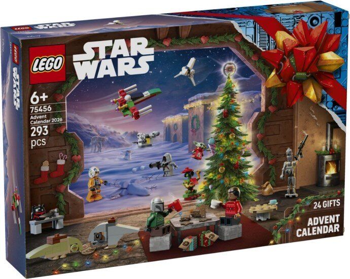 The box of the LEGO Star Wars Advent Calendar 2026 (75456), showing The Mandalorian characters around a Christmas tree, 293 pieces, ages 6+