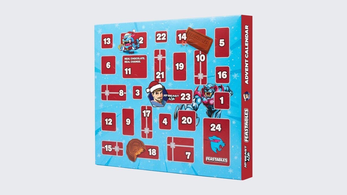 Back of the MrBeast Feastables advent calendar with 24 numbered doors