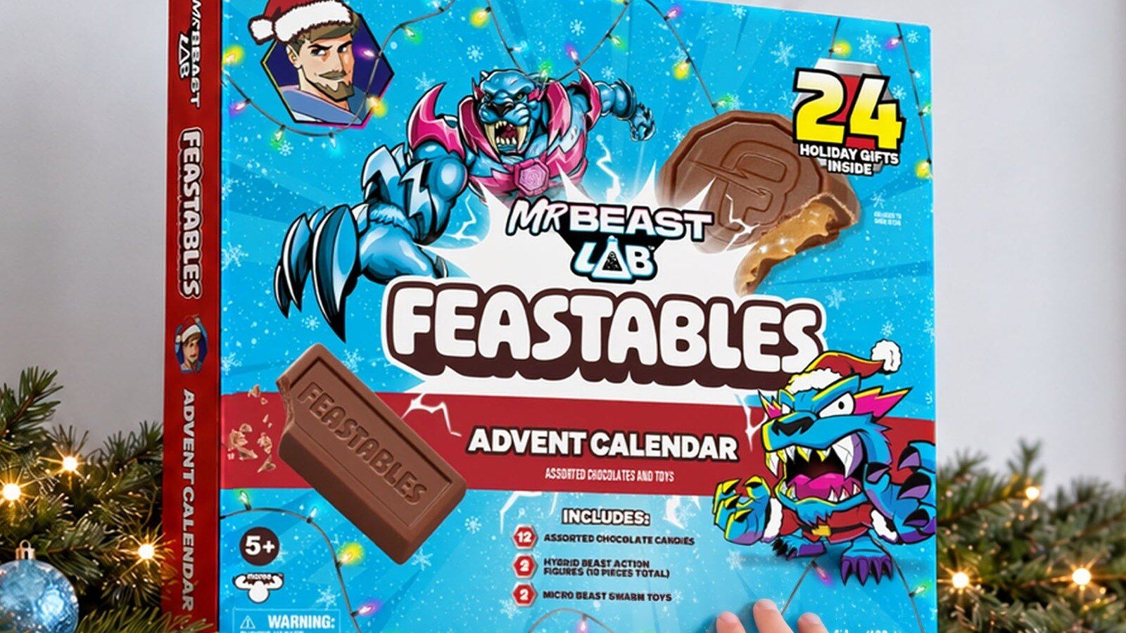 Feastables x MrBeast Lab Advent Calendar 2026 box on a holiday mantel