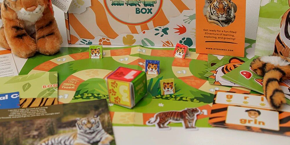 My ZOO Box tiger kit with plush, board game and word cards