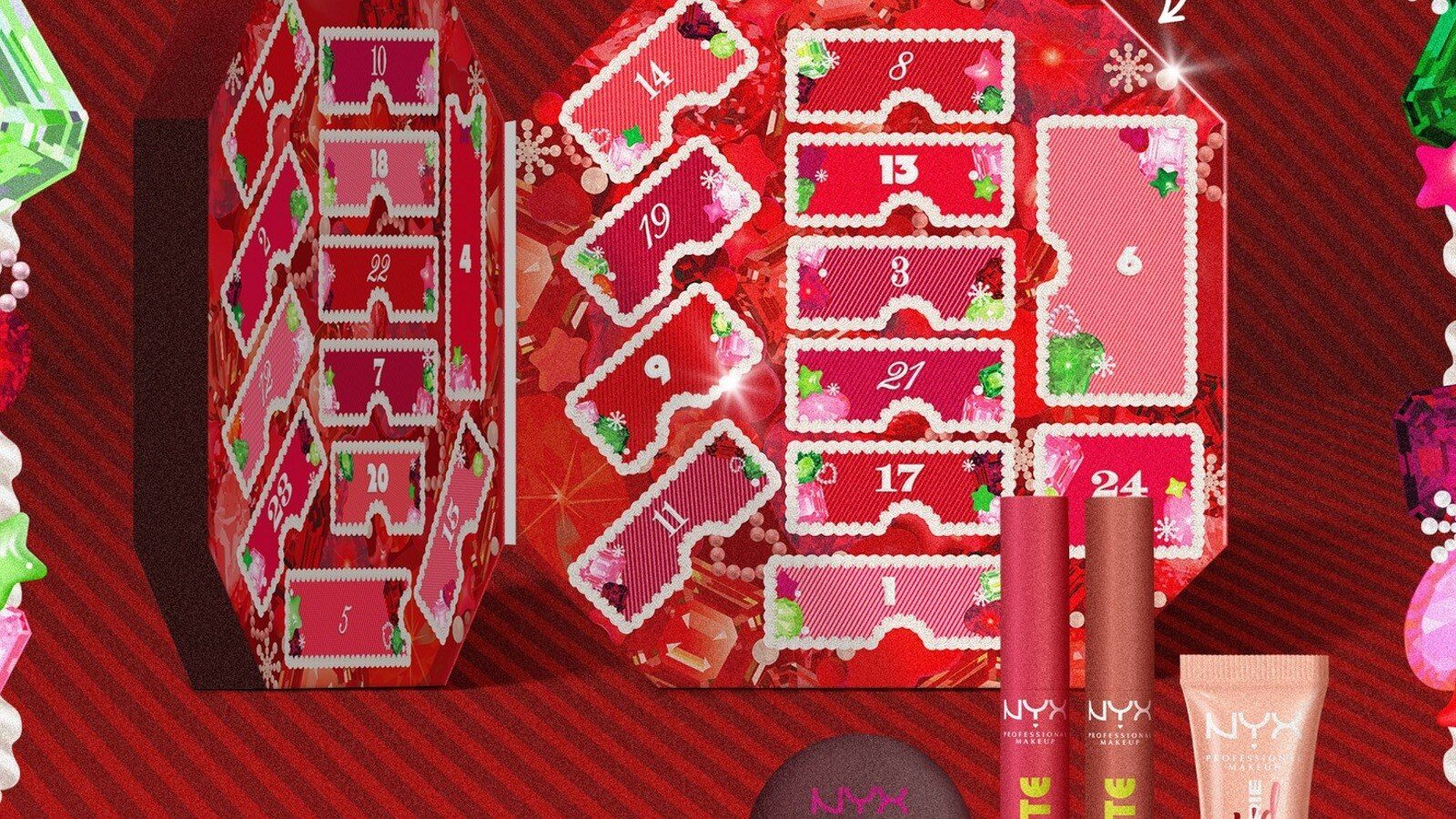 NYX Professional Makeup Bling Box 24 Day Holiday Advent Calendar 2026 opened to show 24 numbered red doors, with NYX lip products