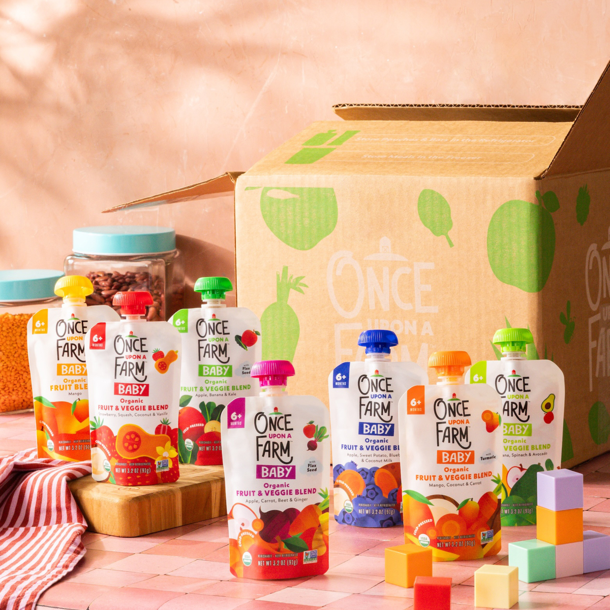 Once Upon a Farm baby starter box with fruit and vegetable pouches