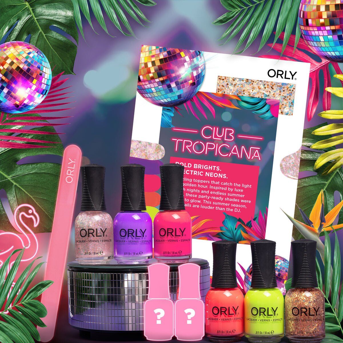 ORLY Color Pass Club Tropicana box with six nail polishes, two mystery bottles, a nail file and a theme card