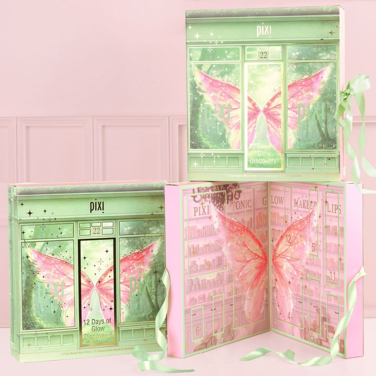 The PIXI 12 Days of Glow Discovery advent calendar, a green and pink box with butterfly wings