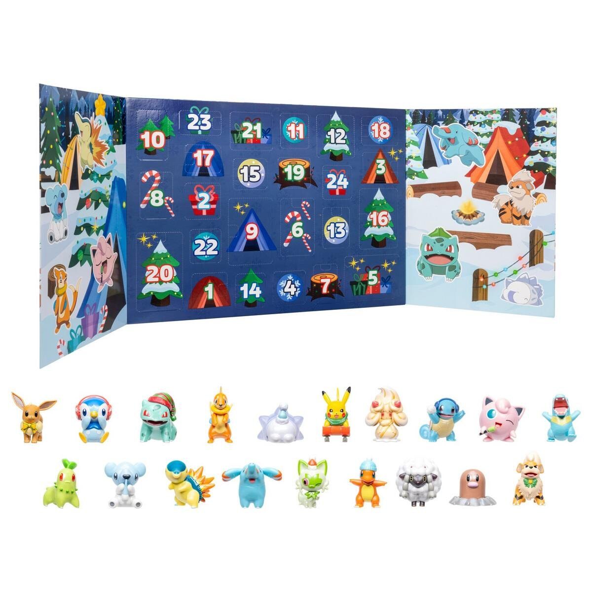 The Pokémon Holiday Calendar 2026 by Jazwares opened to show its 24 numbered doors in a snowy camp scene, with the 19 holiday Pokémon figures lined up below