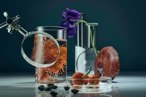 Prose custom haircare botanical ingredients and lab glassware still life