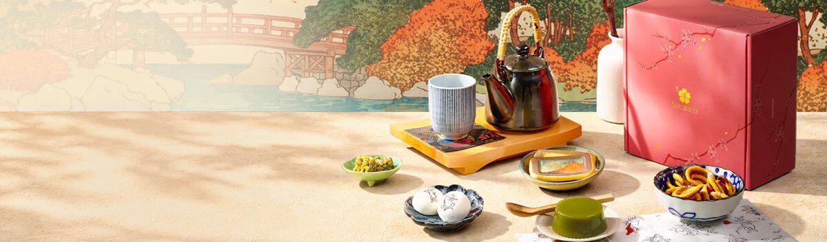 The Sakuraco October 2026 Echoes of Ukiyo-e box with tea and Japanese sweets in an autumn setting