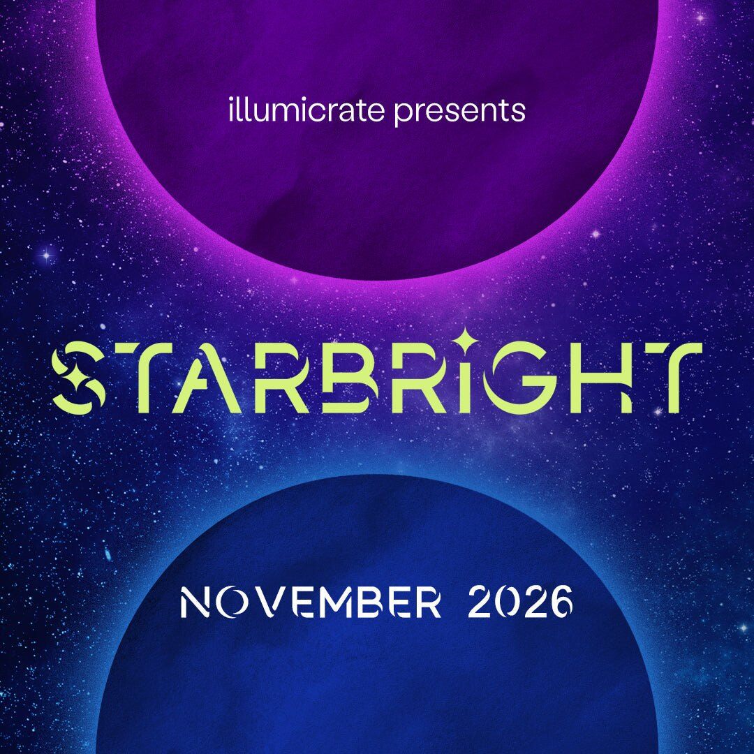 Starbright November 2026 theme graphic with two glowing planets in a starry sky
