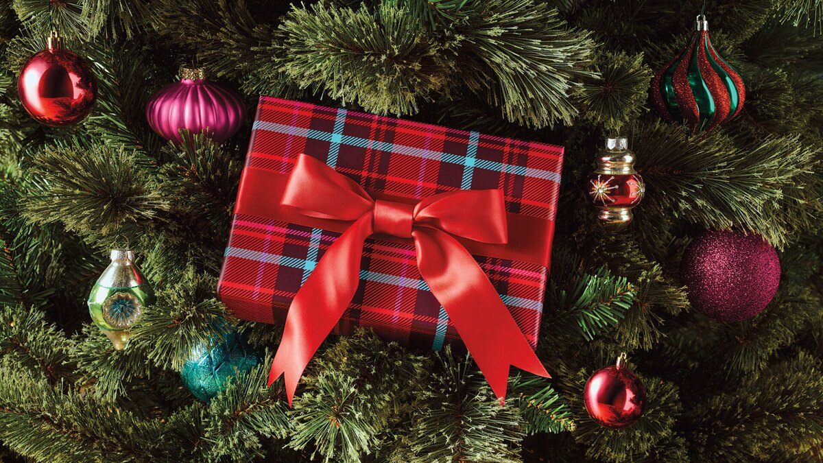 Plaid wrapped gift under a Christmas tree from Target's 2026 holiday campaign