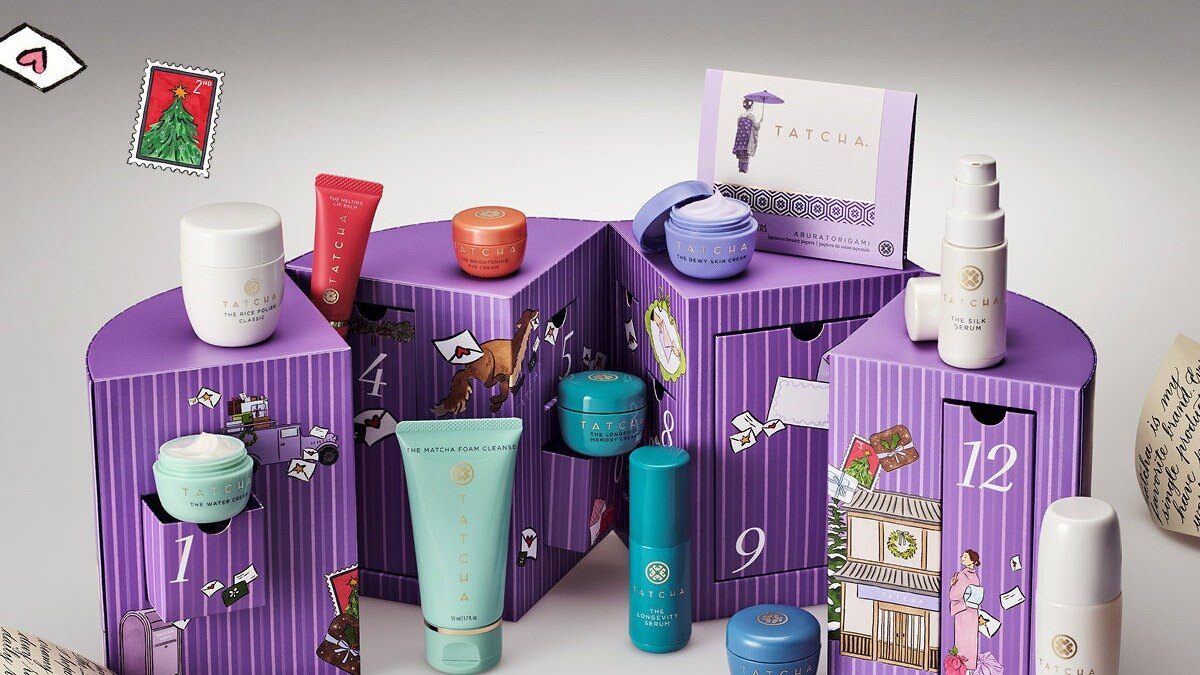 Tatcha 12 Ways To Love Your Skin 2026 calendar with open numbered drawers and Tatcha skincare products