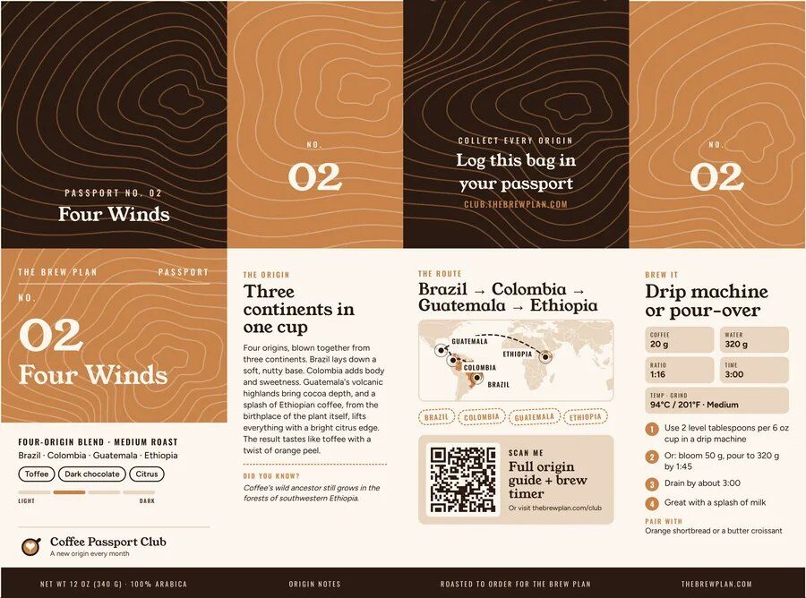 A Coffee Passport Club box laid flat, showing the No. 02 Four Winds origin story, route map, QR code and brew recipe