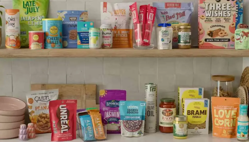 Kitchen pantry shelves stocked with Thrive Market organic groceries