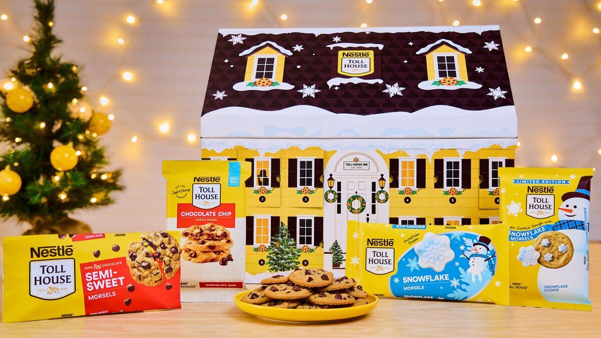 The 12 Days of Nestlé Toll House Advent Calendar, shaped like the Toll House Inn, with cookie dough and morsel packages