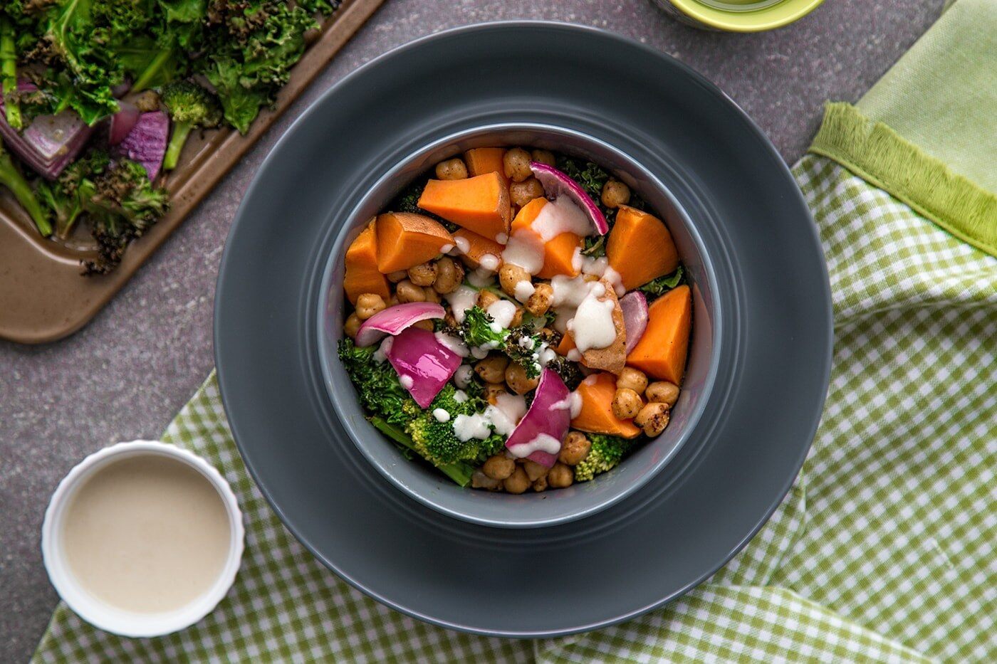Trifecta vegan bowl with butternut squash, kale and chickpeas